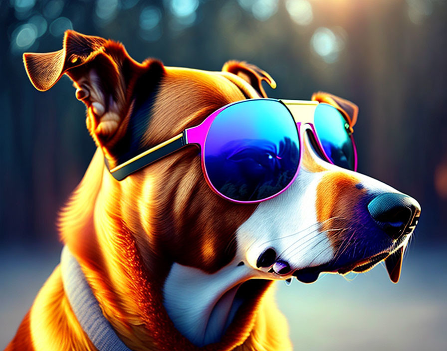 Stylized dog with sunglasses in forest reflection on sunny background