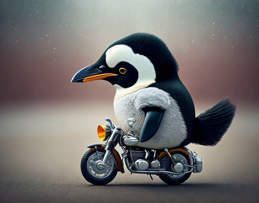 Charming penguin on motorcycle against speckled backdrop