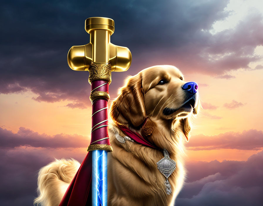Golden retriever with medallion beside ornate sword under dramatic sky