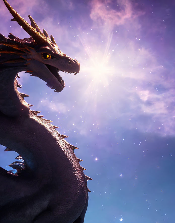 Detailed dragon under starlit sky with sunburst: scales, horns, yellow eyes