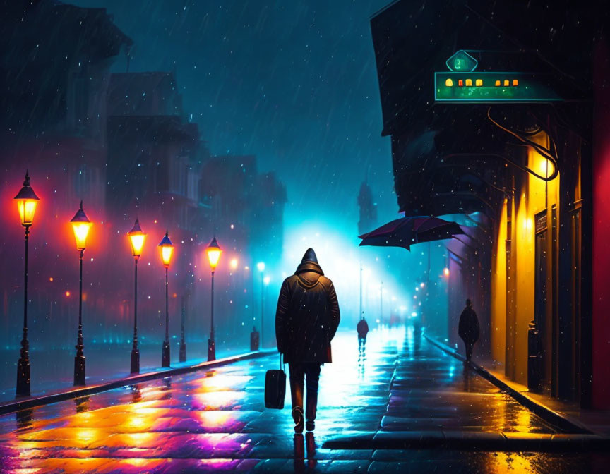 Pedestrian with umbrella on rainy city street at night