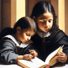 Children reading and writing by window with candle, dressed in vintage attire