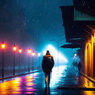 Pedestrian with umbrella on rainy city street at night