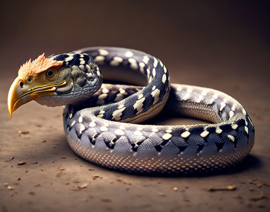 Surreal image: Snake with bird head, eagle beak, feathered body