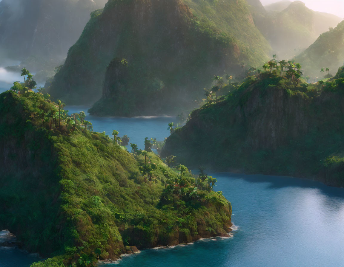 Sunlit Green Mountains and Tranquil Blue Waters in Misty Tropical Landscape