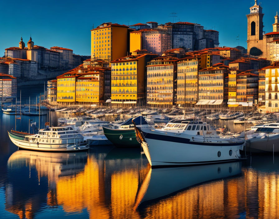 Vibrant buildings and boats mirrored in calm harbor at sunset