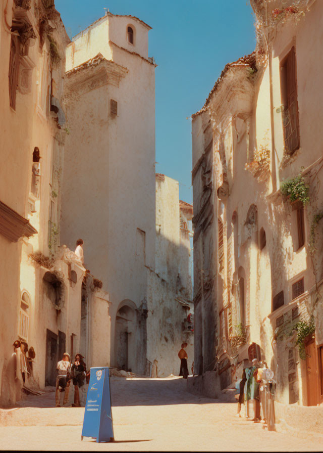 Sunlit Old Town Street with People and Plant-Adorned Buildings