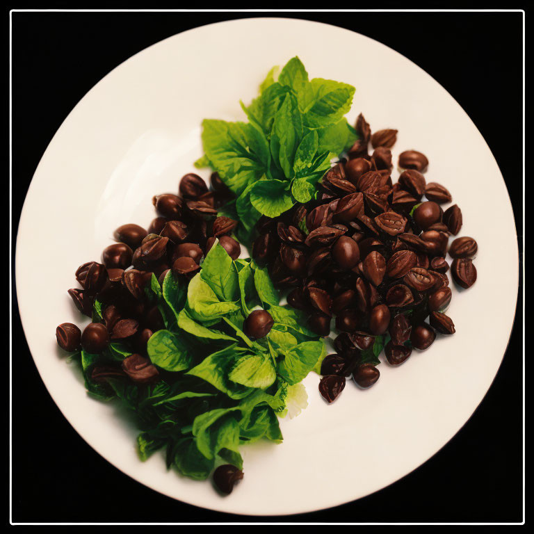 White Plate with Dark Roasted Coffee Beans and Fresh Mint Leaves on Black Background