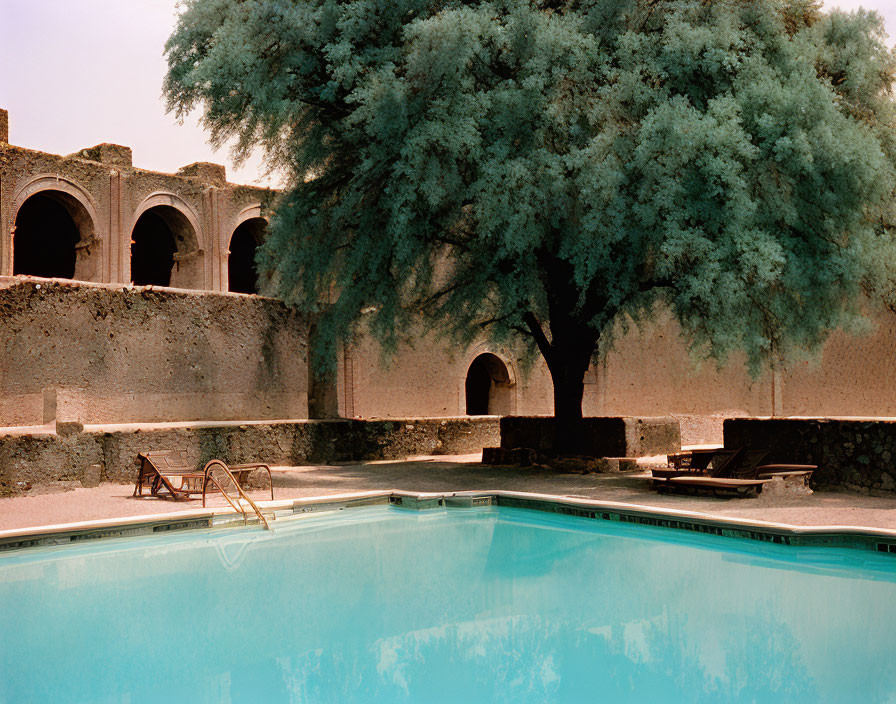 Tranquil pool with sun loungers, ancient stone walls, and lush green tree