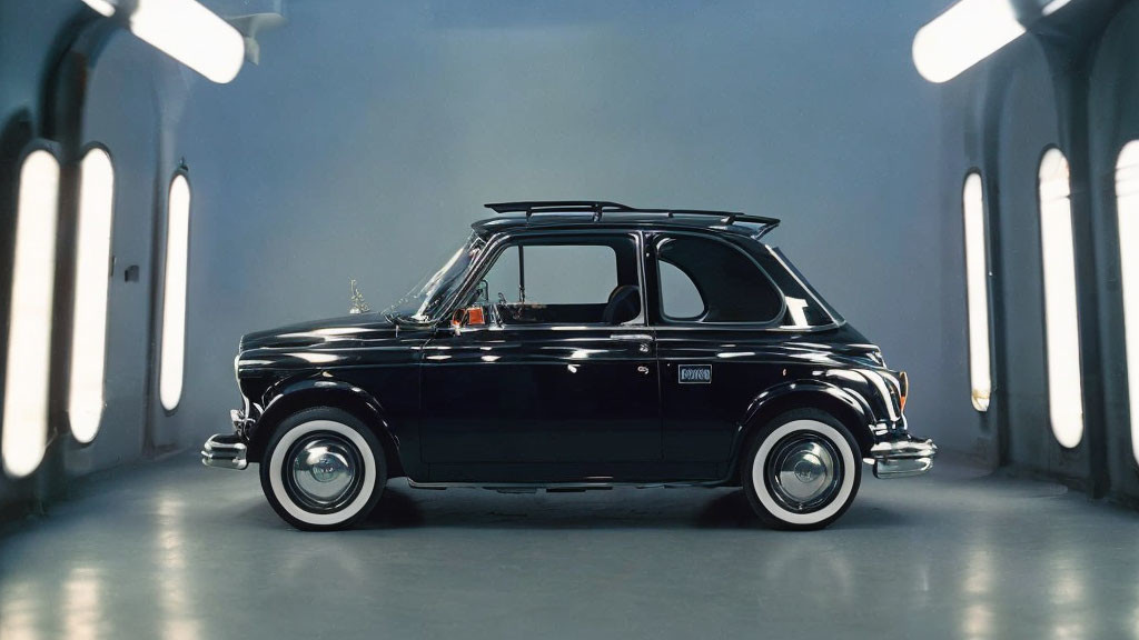 Vintage Car with Shiny Black Paint and White Sidewall Tires in Tunnel-Like Space