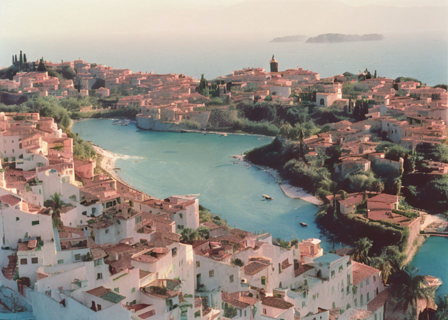 Coastal town with terracotta roofs and lush greenery by the sea