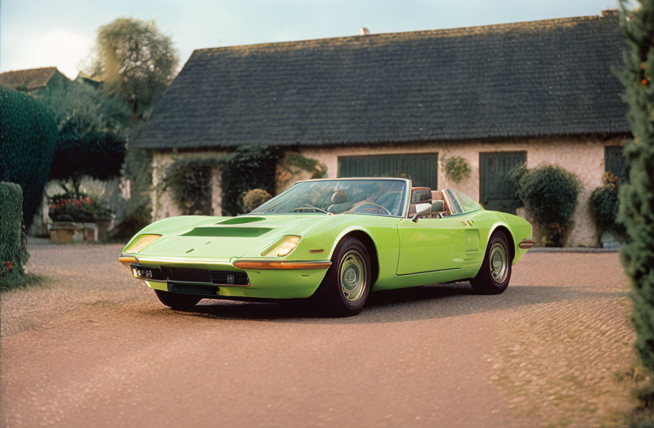 Vintage green convertible sports car outside charming house with manicured garden