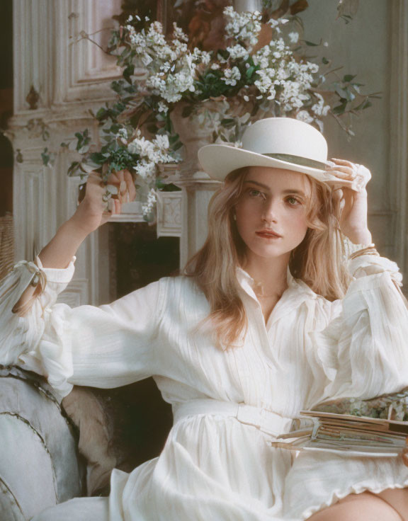 Woman in White Dress and Hat Surrounded by Flowers Holding Branch