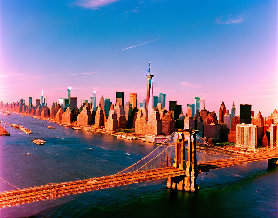 City skyline with skyscrapers and suspension bridge at sunset.