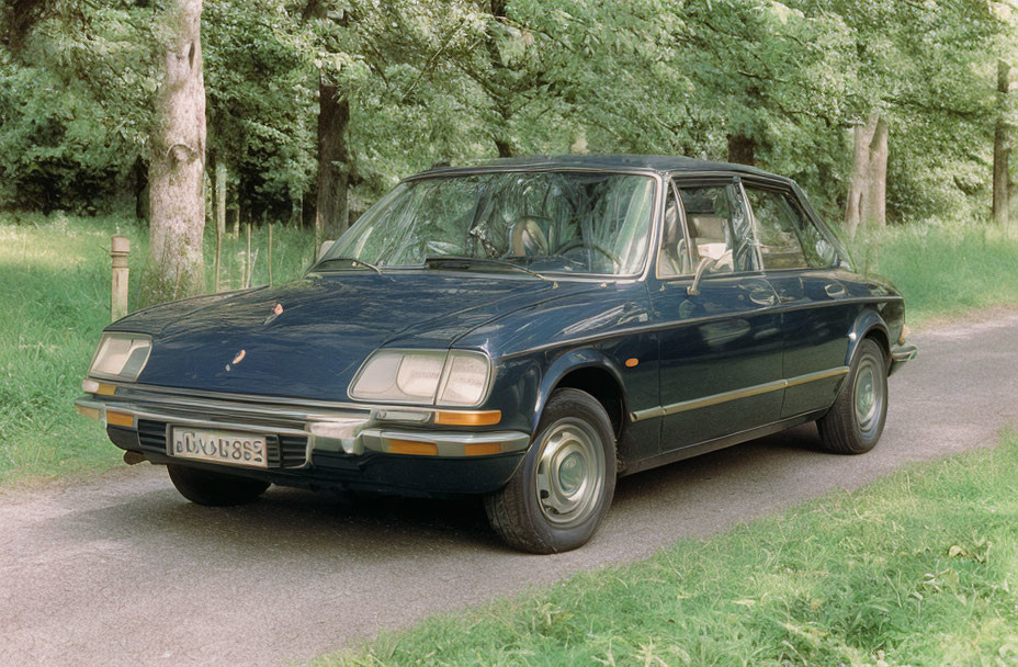 Classic Blue Car with 1970s Design and Chrome Accents