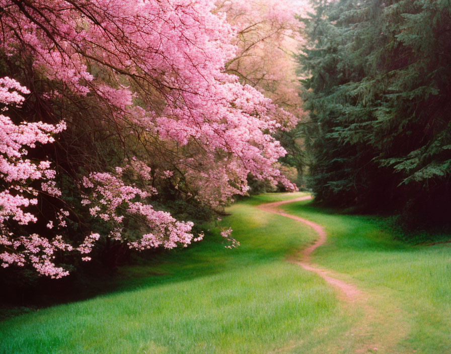 Scenic meadow with cherry blossoms and evergreen trees