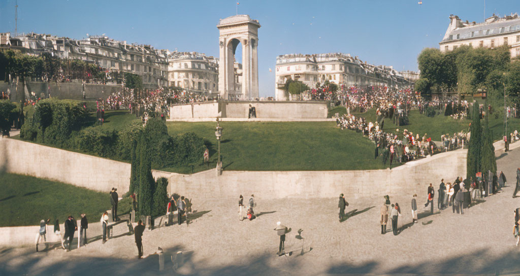 City Park Scene: People in Park with Monument & Classic Architecture