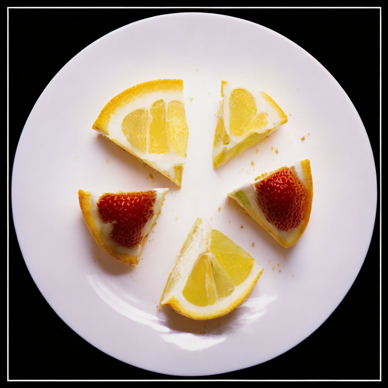 Circular arrangement of citrus slices on white plate, one with red center, against black backdrop