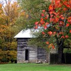 Stone cottage with white door in autumn woodland landscape