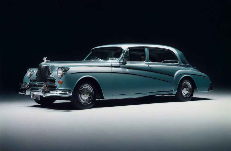 Vintage luxury car with long body, chrome details, and prominent grille on dark background