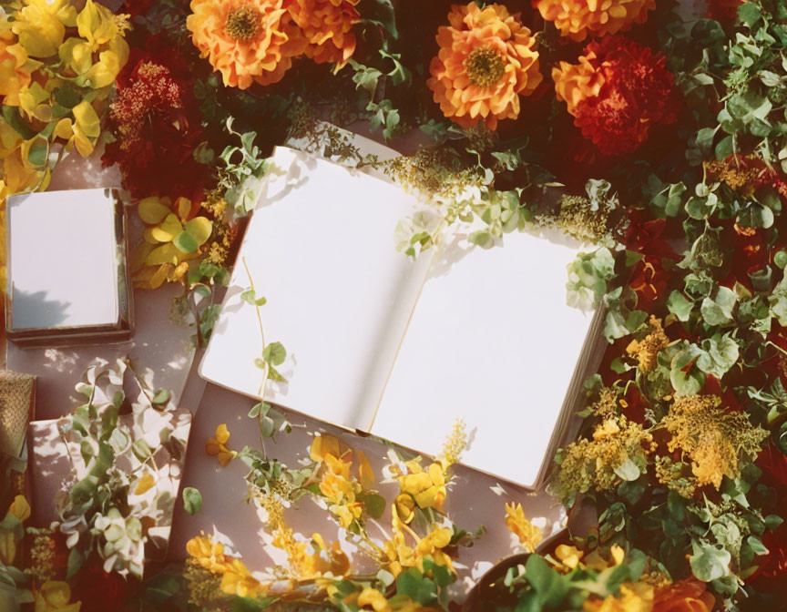 Blank notebook with vibrant flowers and mirrors in soft sunlight