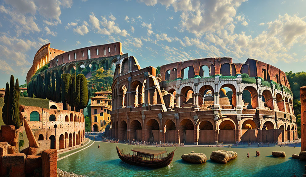 Roman Colosseum by river with classical building, gondola, blue sky
