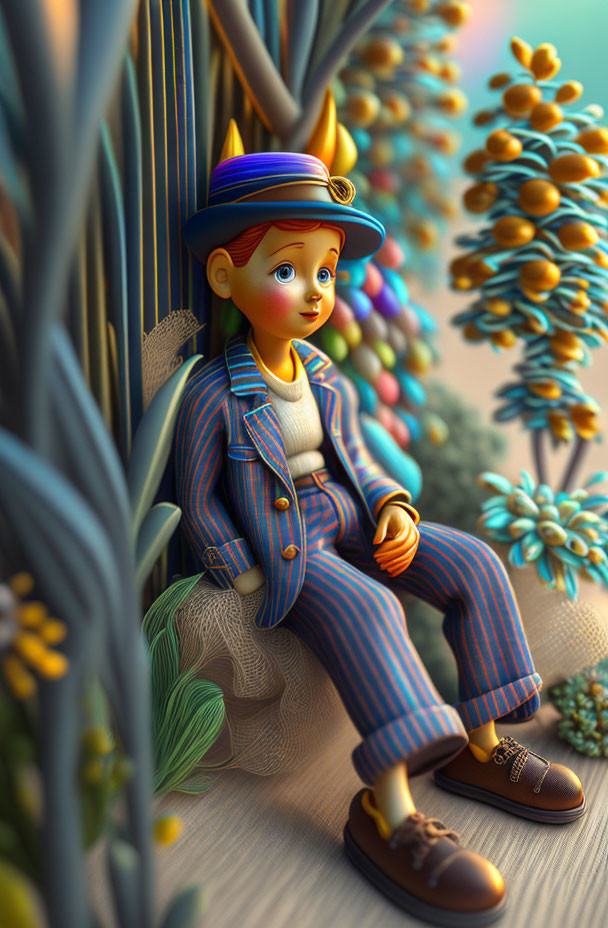 Colorful 3D illustration of seated boy in blue and orange outfit with whimsical plants