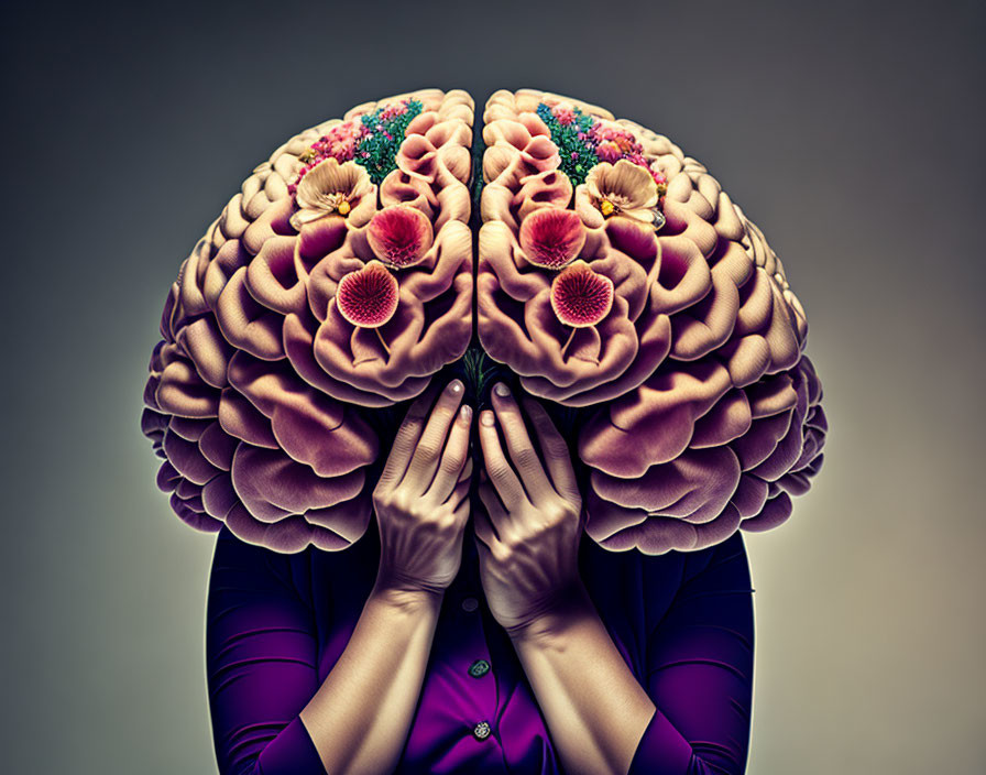 Artistically altered image of person holding head with blooming brain.