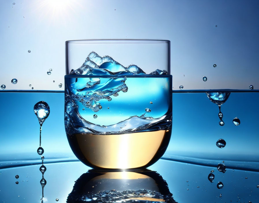 Half-full glass of water with droplets and splash on blue background