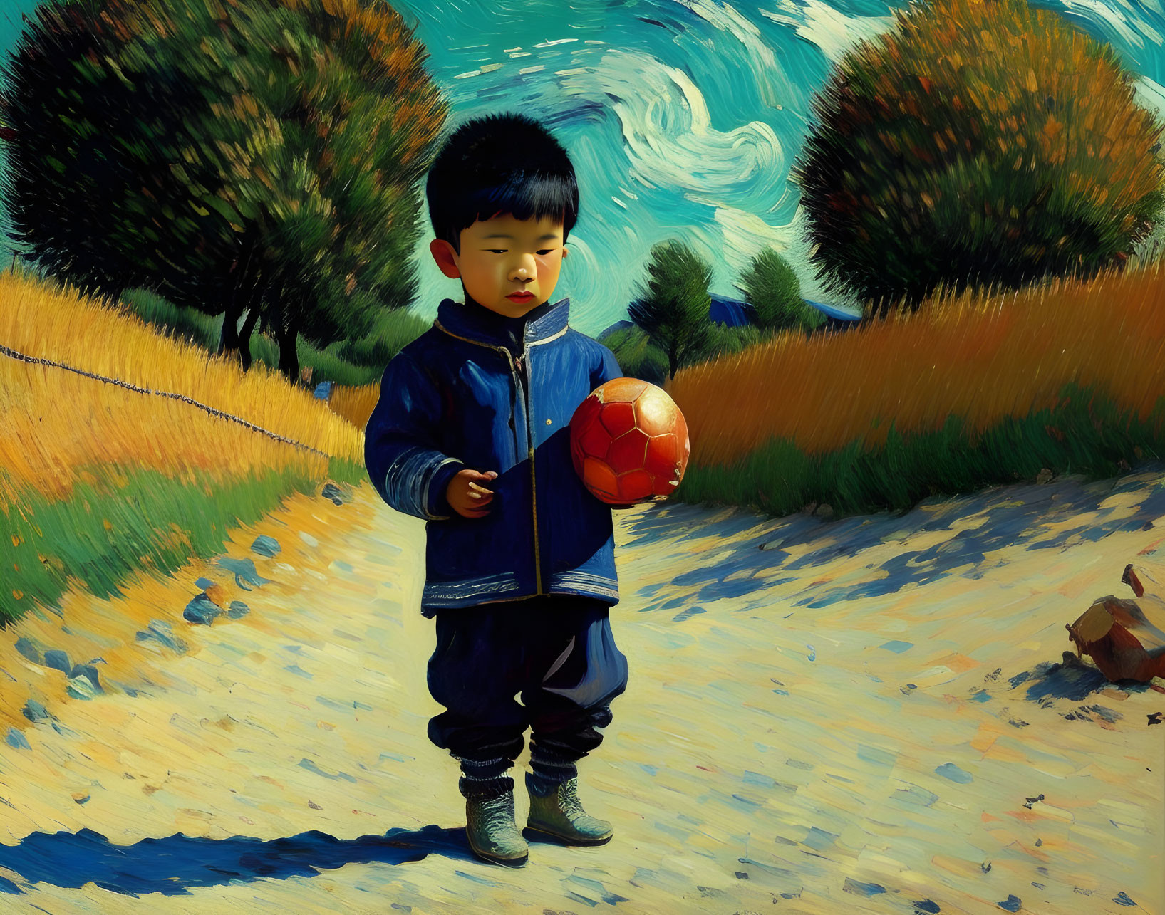 Child with leash and soccer ball in Van Gogh-inspired landscape