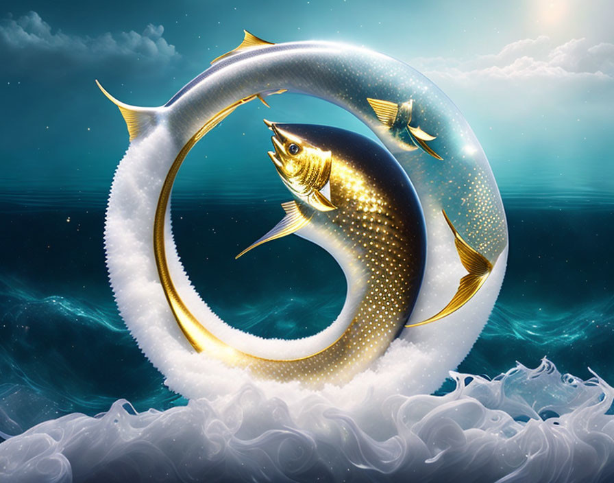 Golden fish in yin-yang circle on blue ocean background