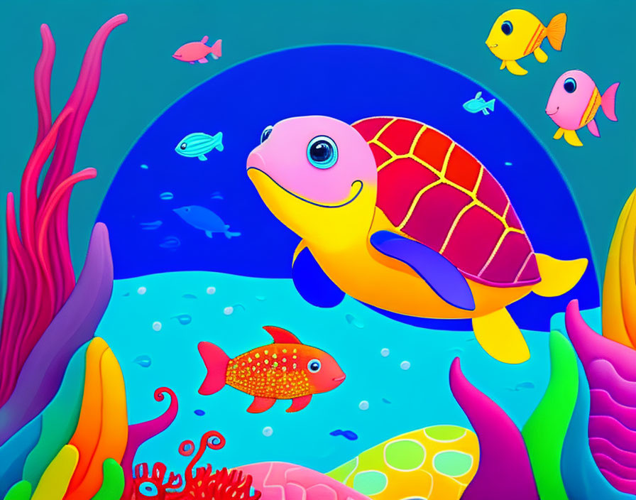 Colorful Underwater Cartoon Scene with Smiling Sea Turtle