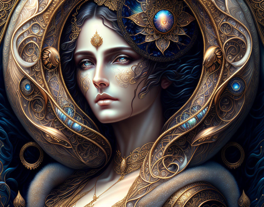 Detailed Artwork: Woman with Gold Jewelry, Intricate Headdress, Blue-themed Decoration