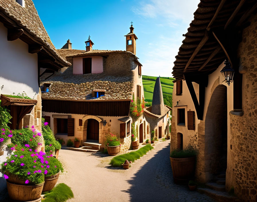 Traditional European village street with stone houses, archways, lanterns, and vibrant flowers.