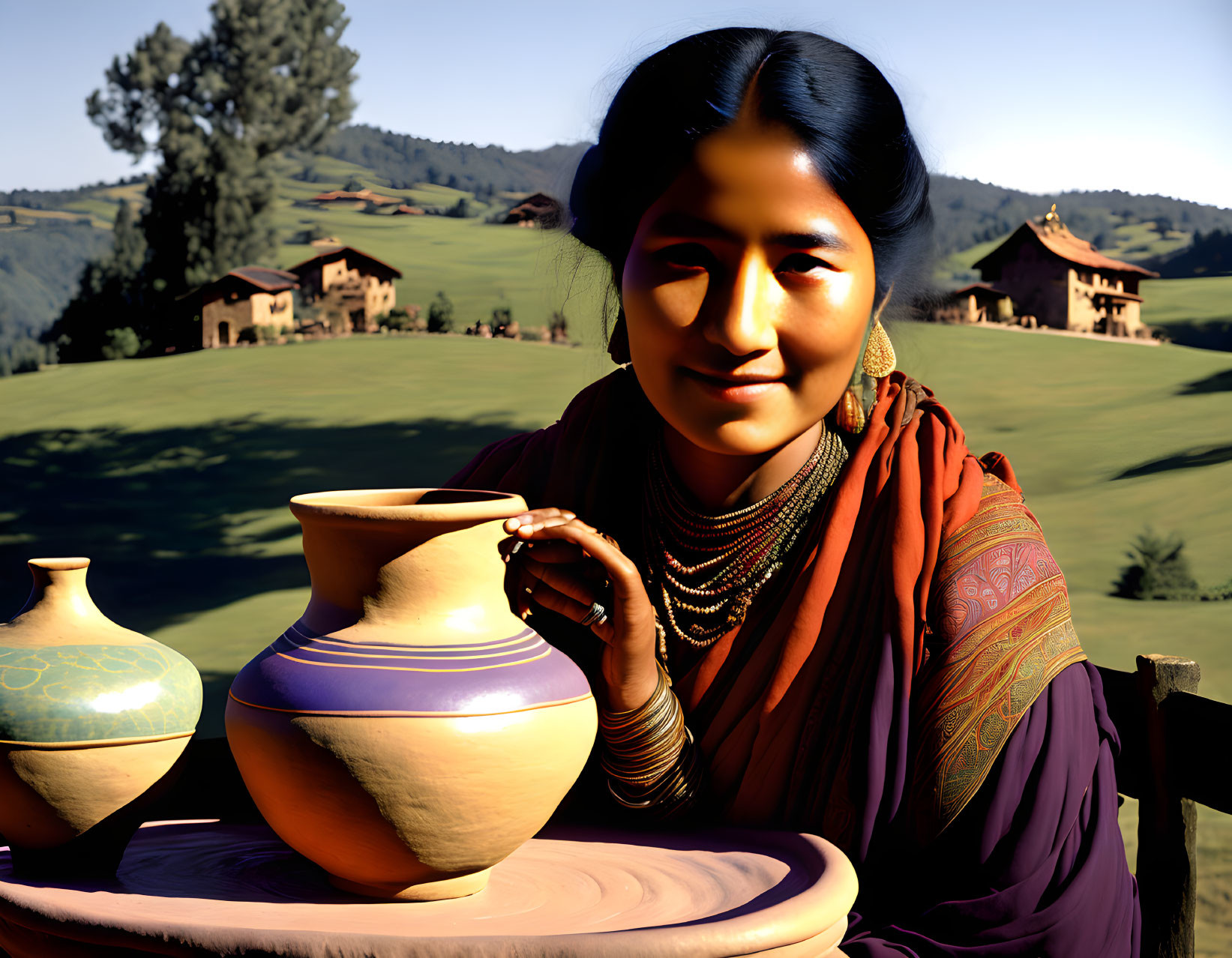 Smiling woman in traditional attire at pottery wheel with crafted pots