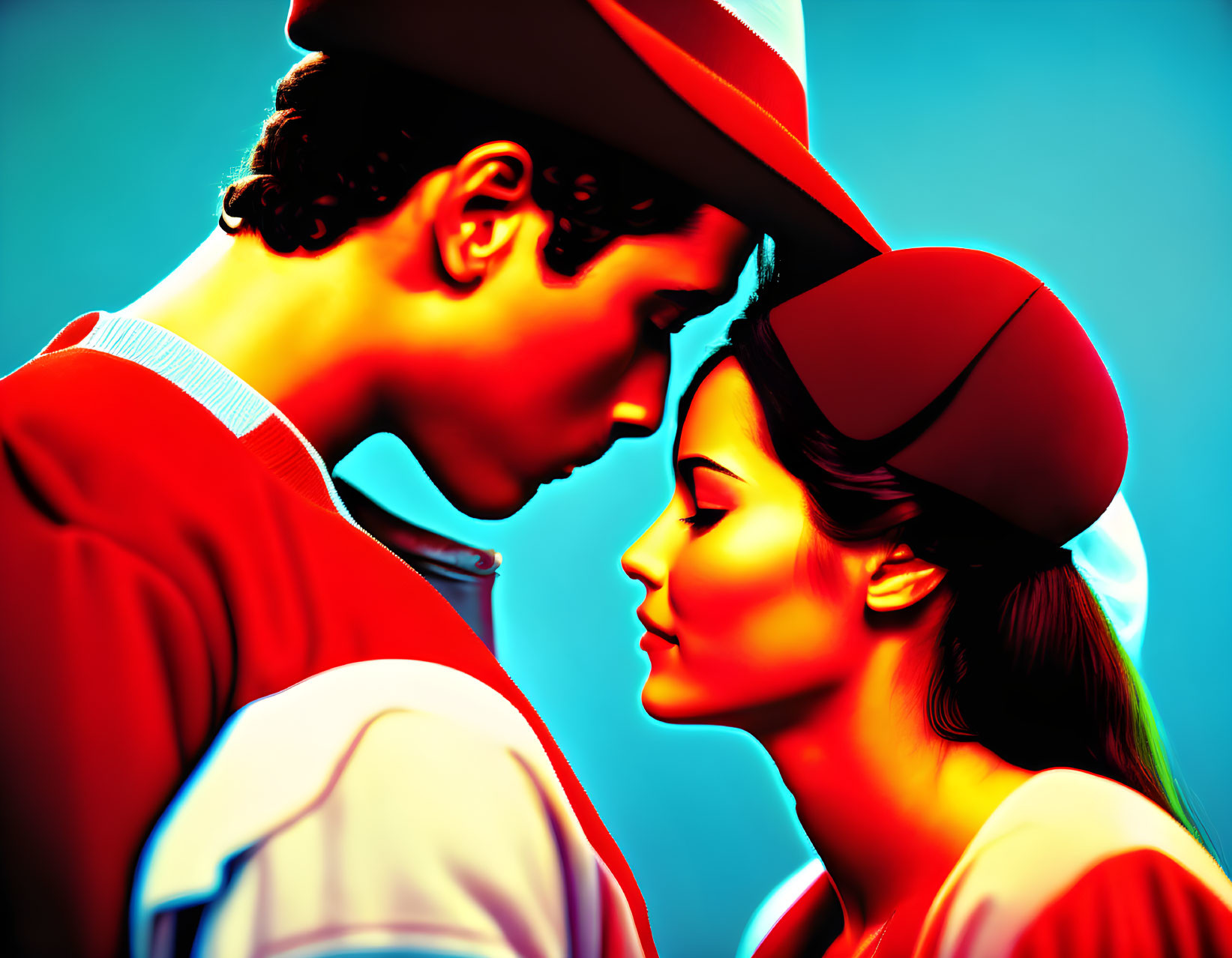 Stylized man and woman in hats kissing with vibrant blue and red colors