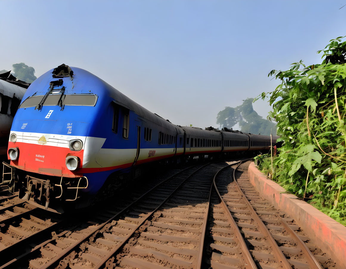 Blue and Red Passenger Train on Sunny Day with Lush Greenery