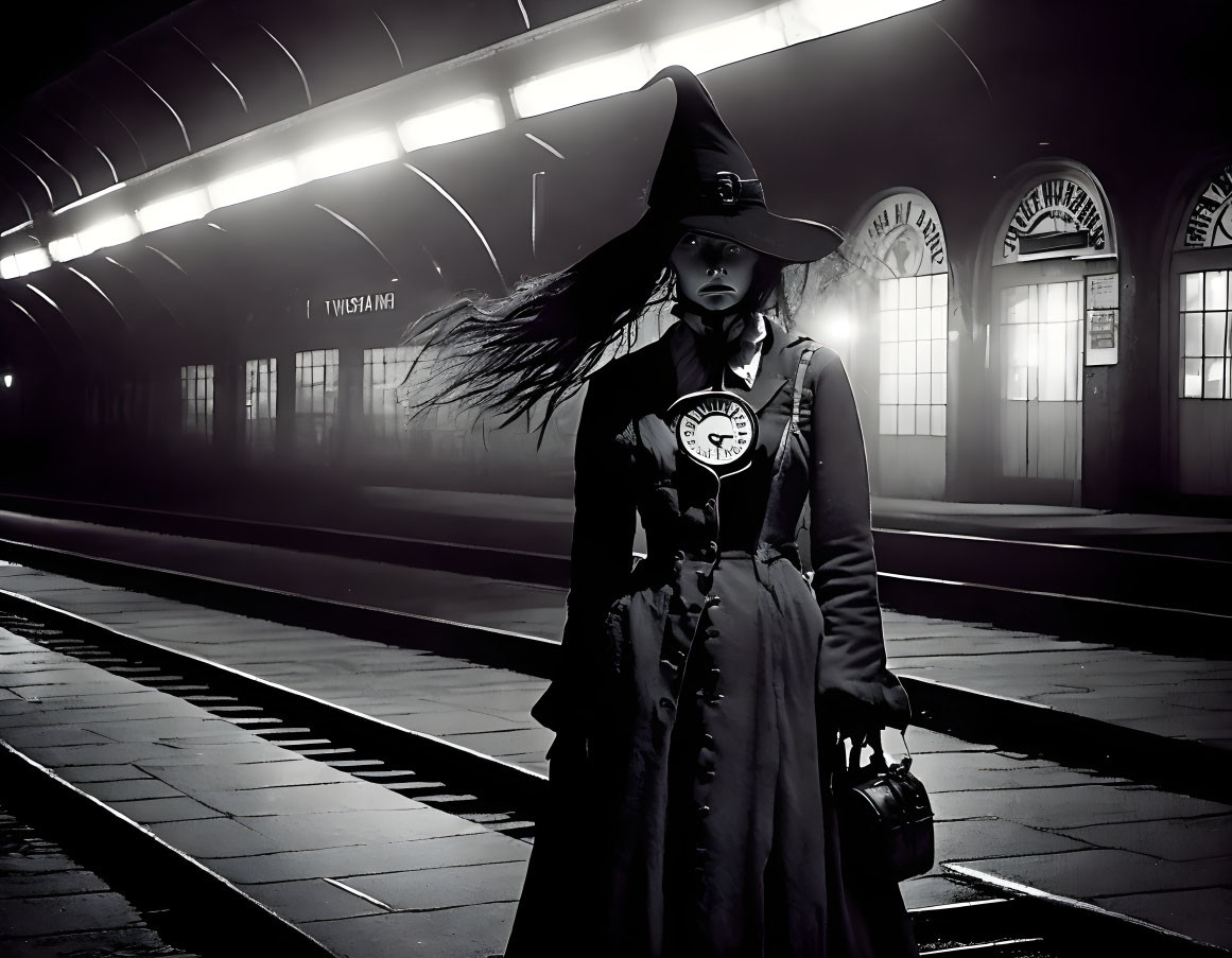 Person in wide-brimmed hat and long coat on dimly-lit train platform at night