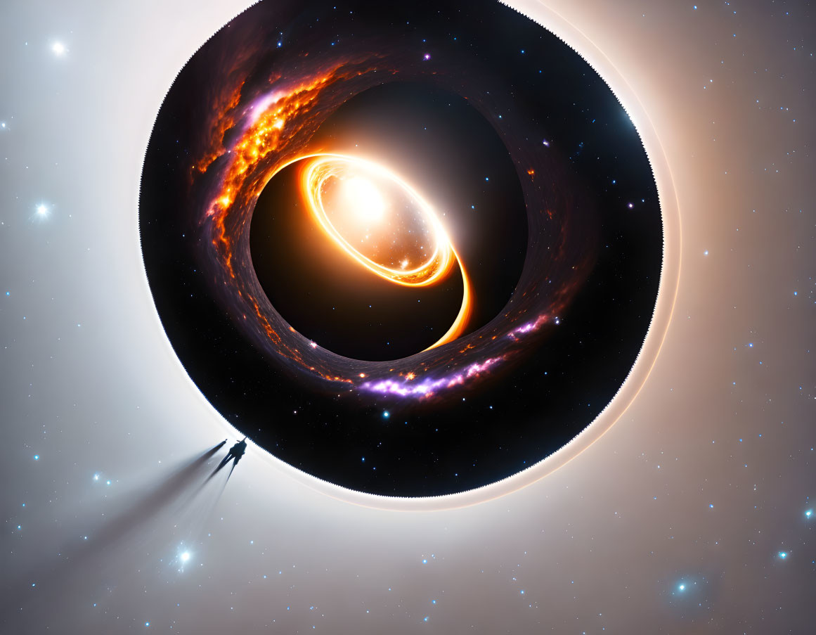 Surreal cosmic scene: spaceship near massive black hole