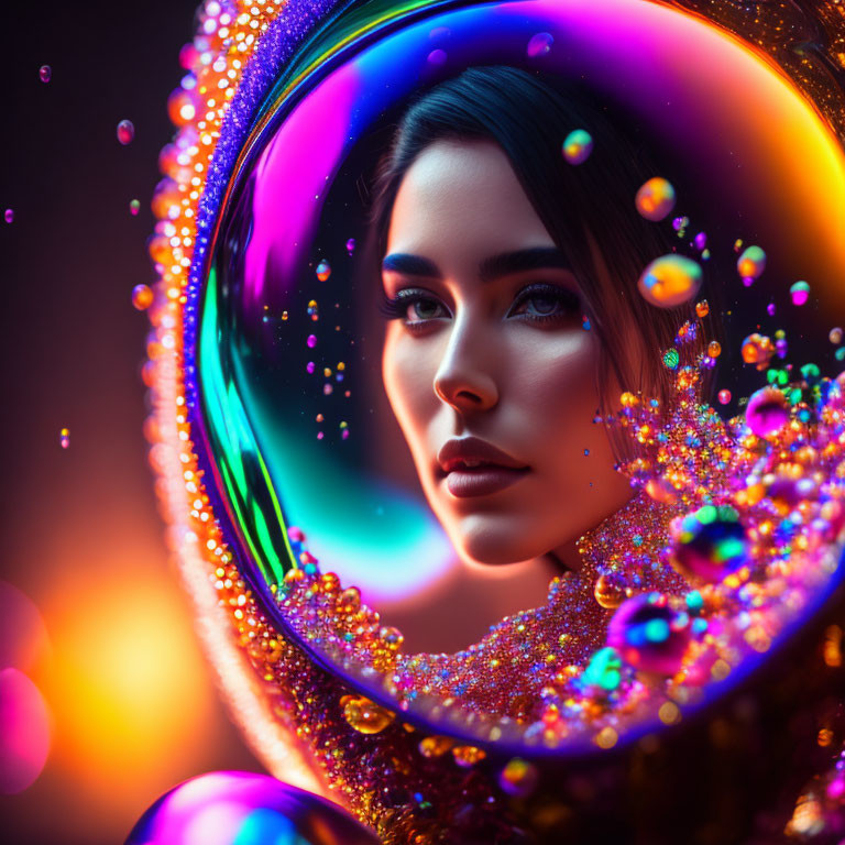 Colorful Bubble Surrounds Woman's Face in Surreal Setting