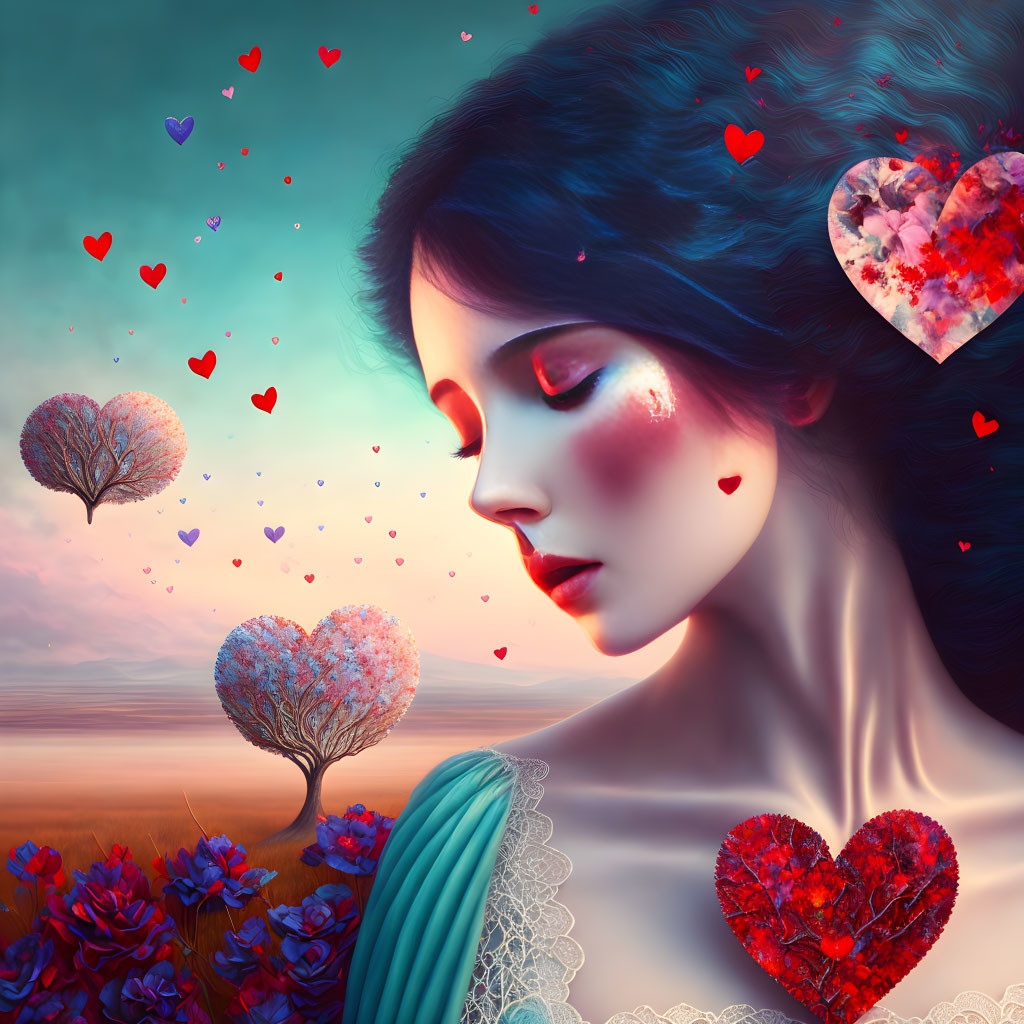 Surreal portrait of woman with heart motifs in romantic landscape