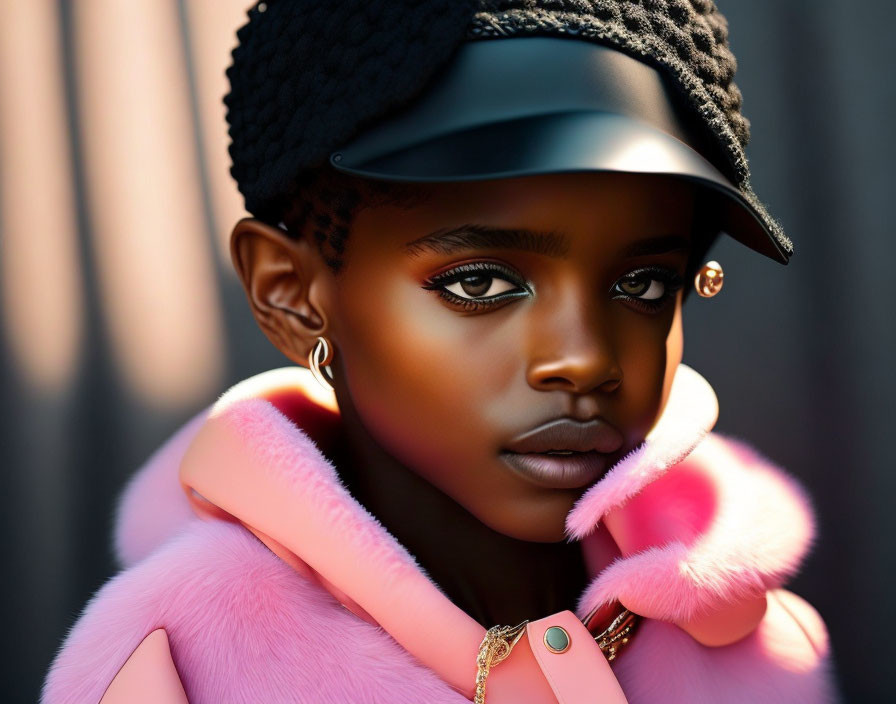 Child portrait with glowing skin, black cap, pink coat & fur collar on muted background