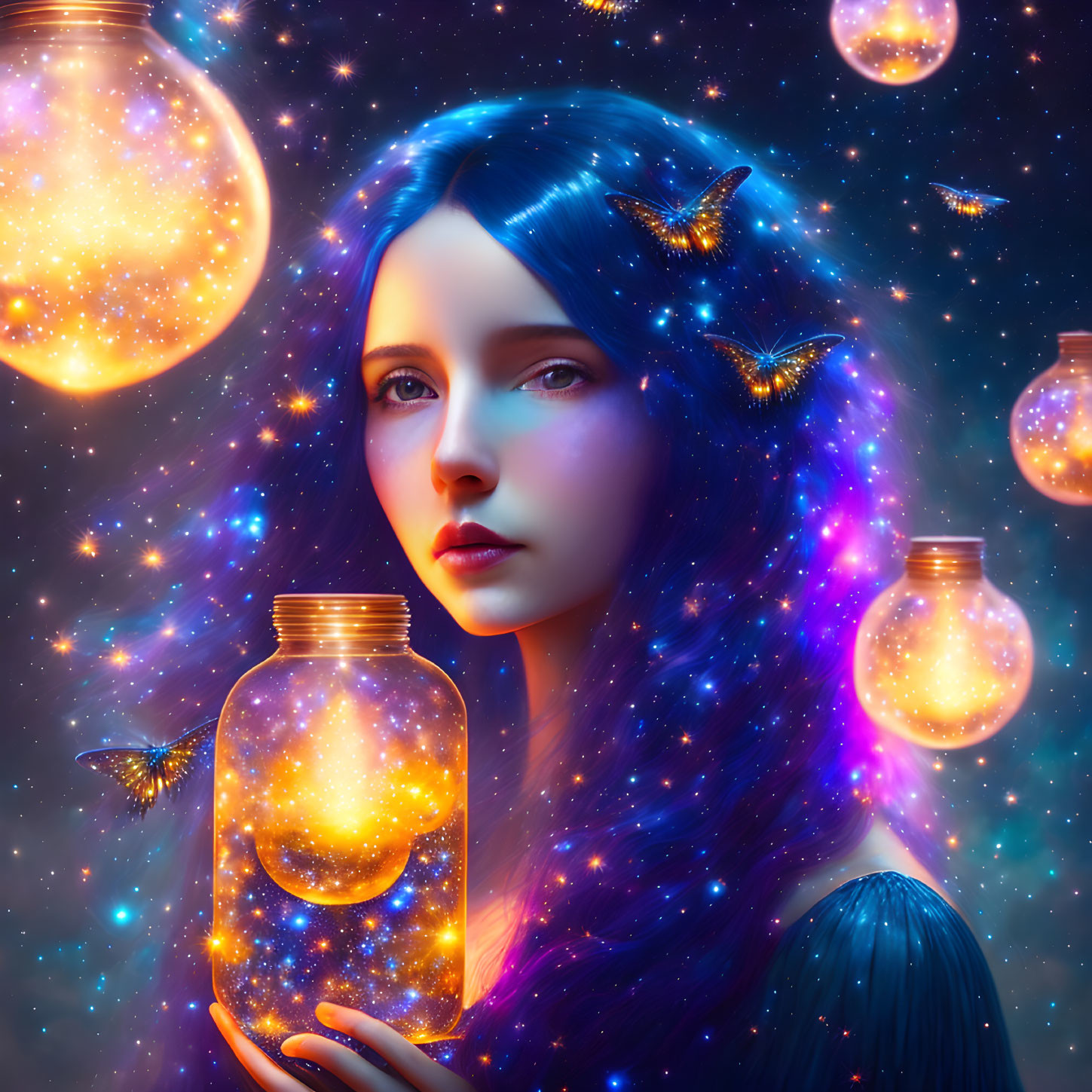 Blue-haired woman in starry space holds glowing crescent moon jar with butterflies and light bulbs.