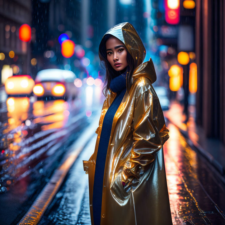 Woman in Yellow Raincoat on Wet City Street at Night