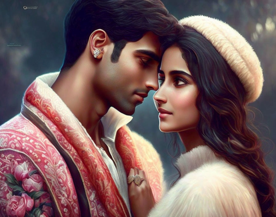 Traditional Indian Attire: Romantic Couple Illustration in Elegant Jewelry