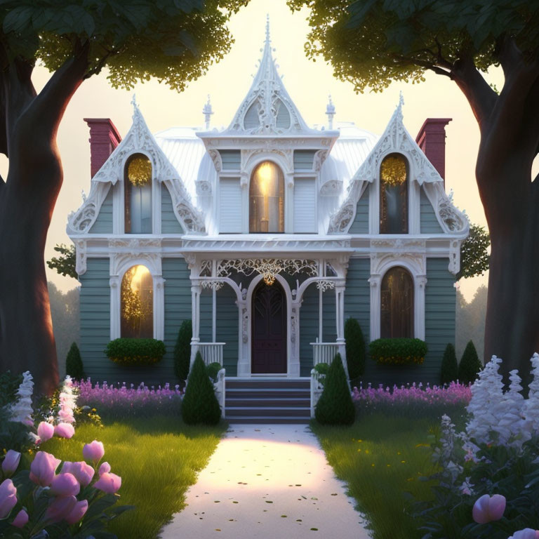 Victorian-style House Dusk Scene with Illuminated Windows and Pathway