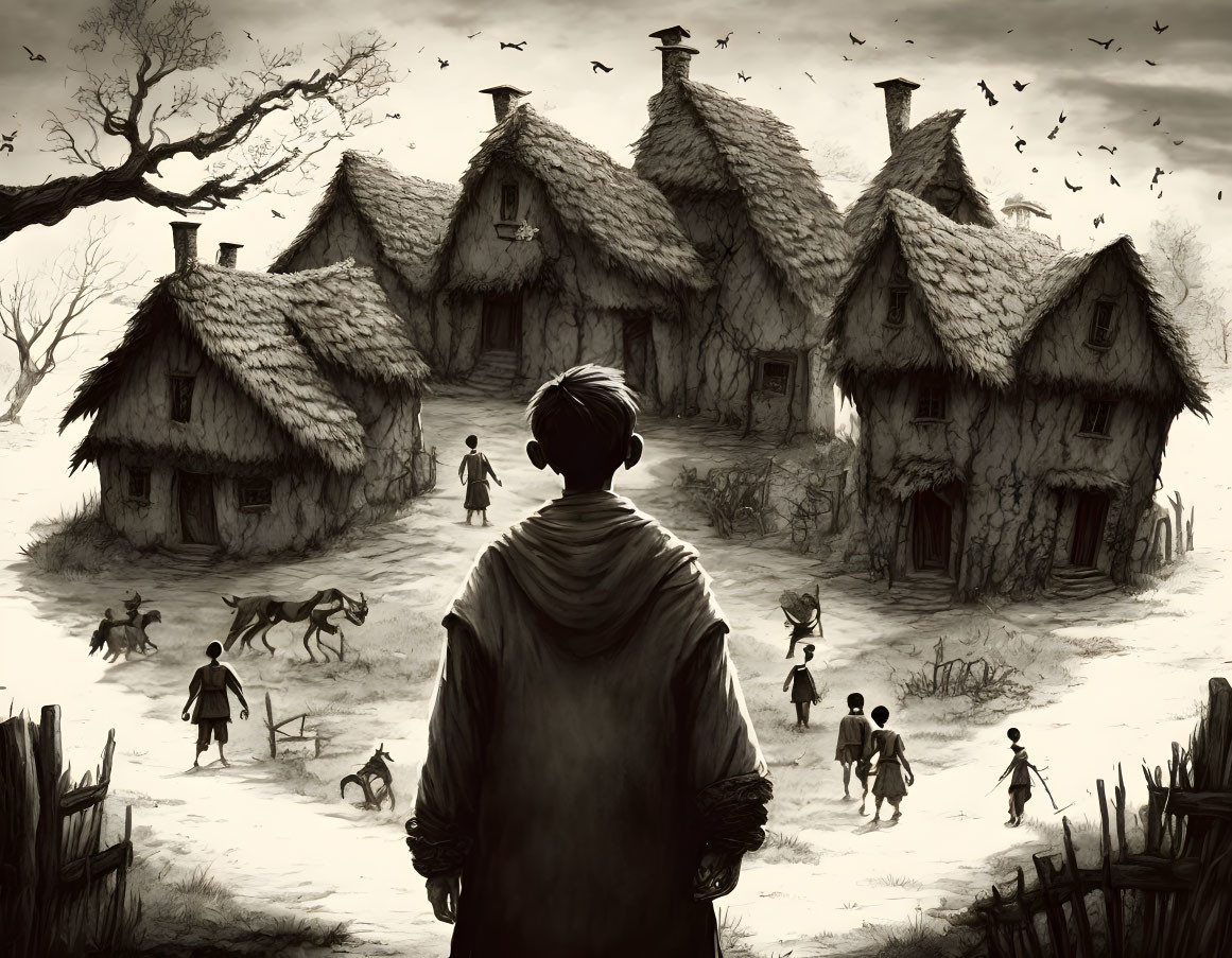 Monochrome illustration of person observing rustic village with thatched-roof cottages