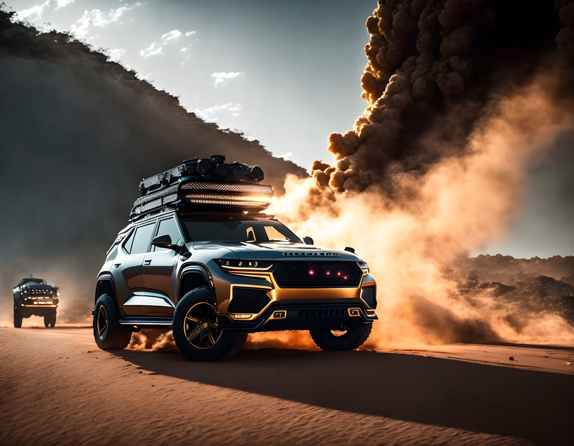 Off-road SUV with roof racks in smoky, dusty landscape