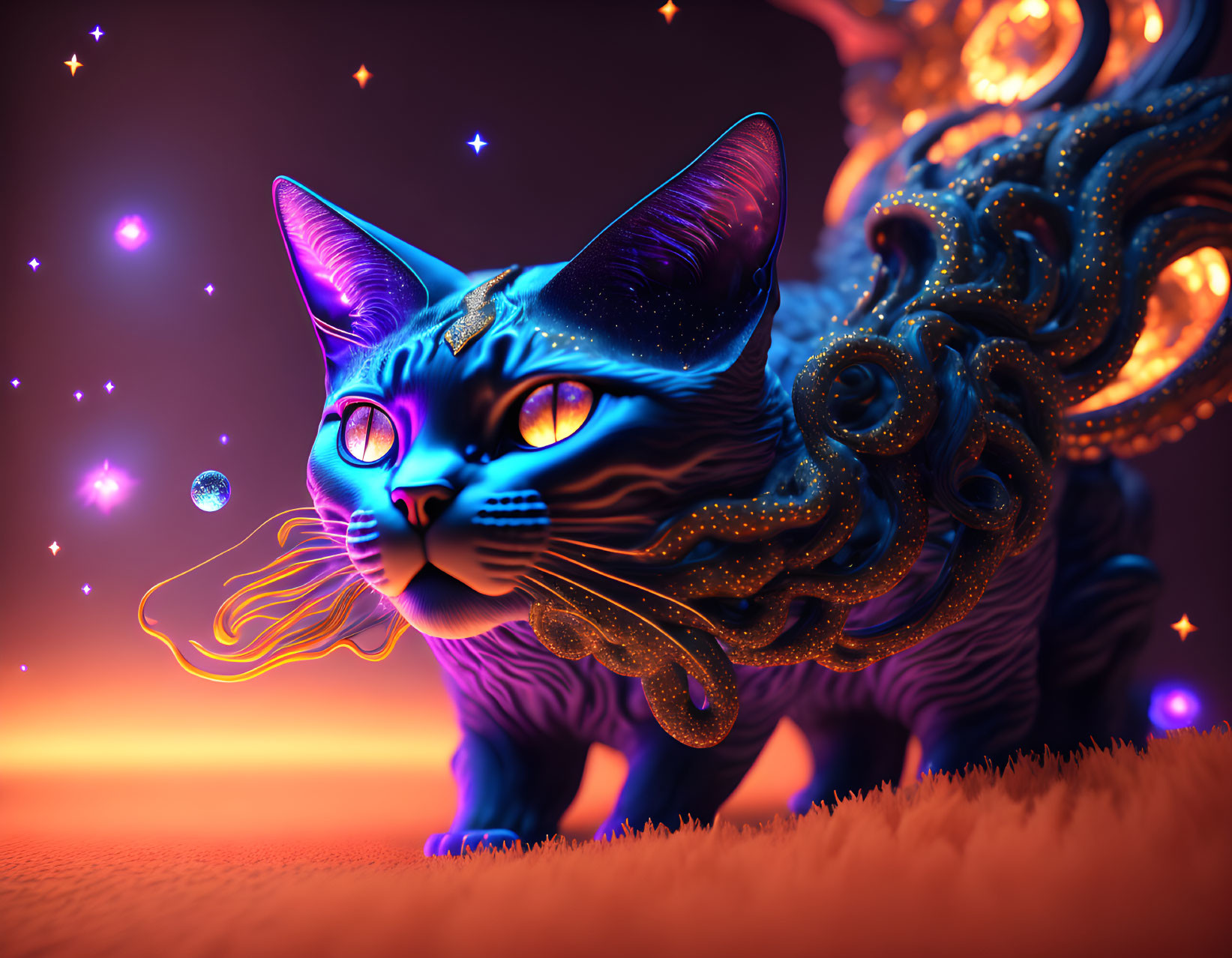 Neon blue mystical cat with swirling patterns on orange background