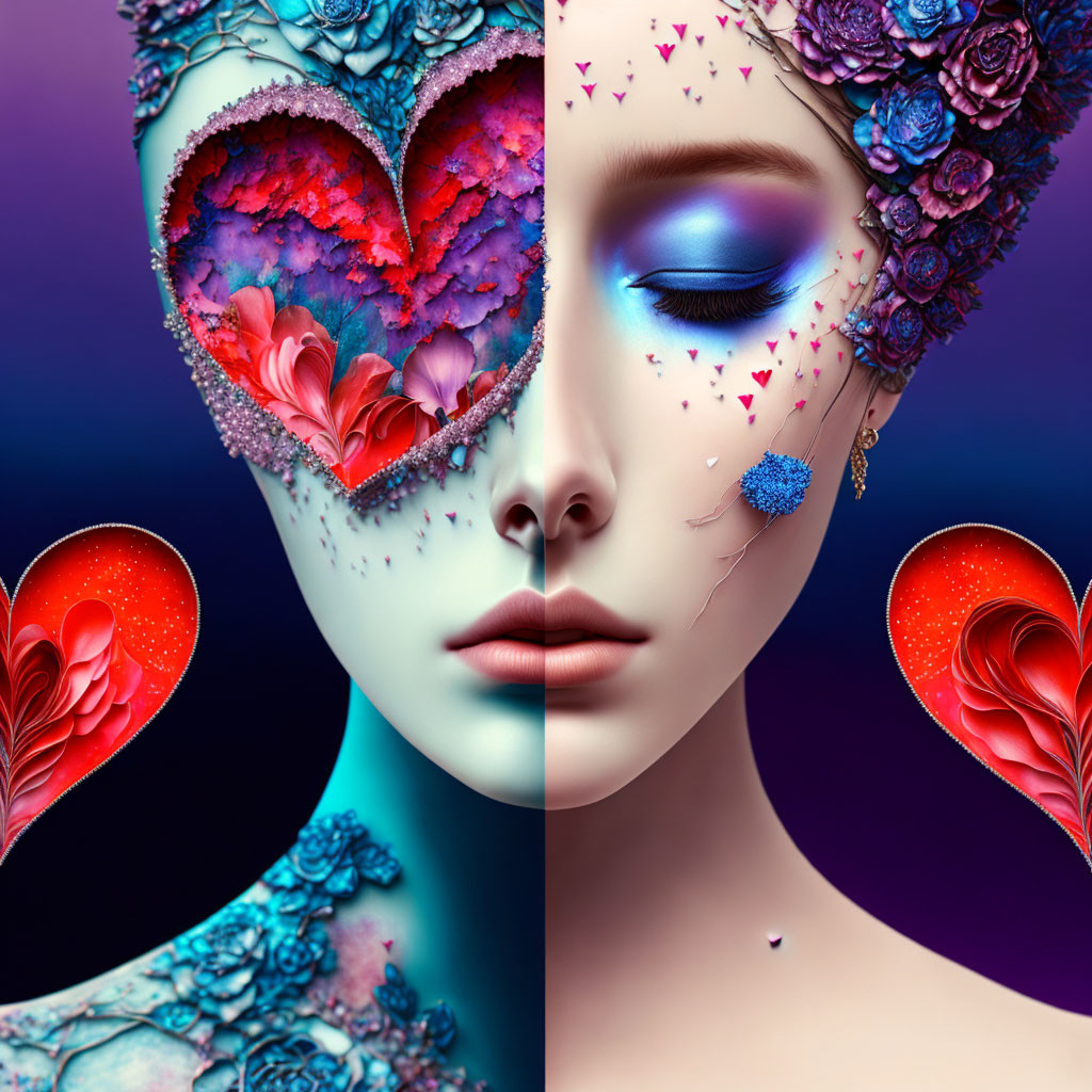 Vibrant makeup and floral elements on woman with heart-shaped cutout